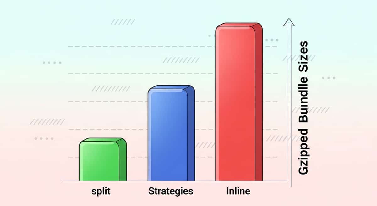 Graph showing gzipped bundle sizes for split vs single vs inline strategies on a five-route demo app