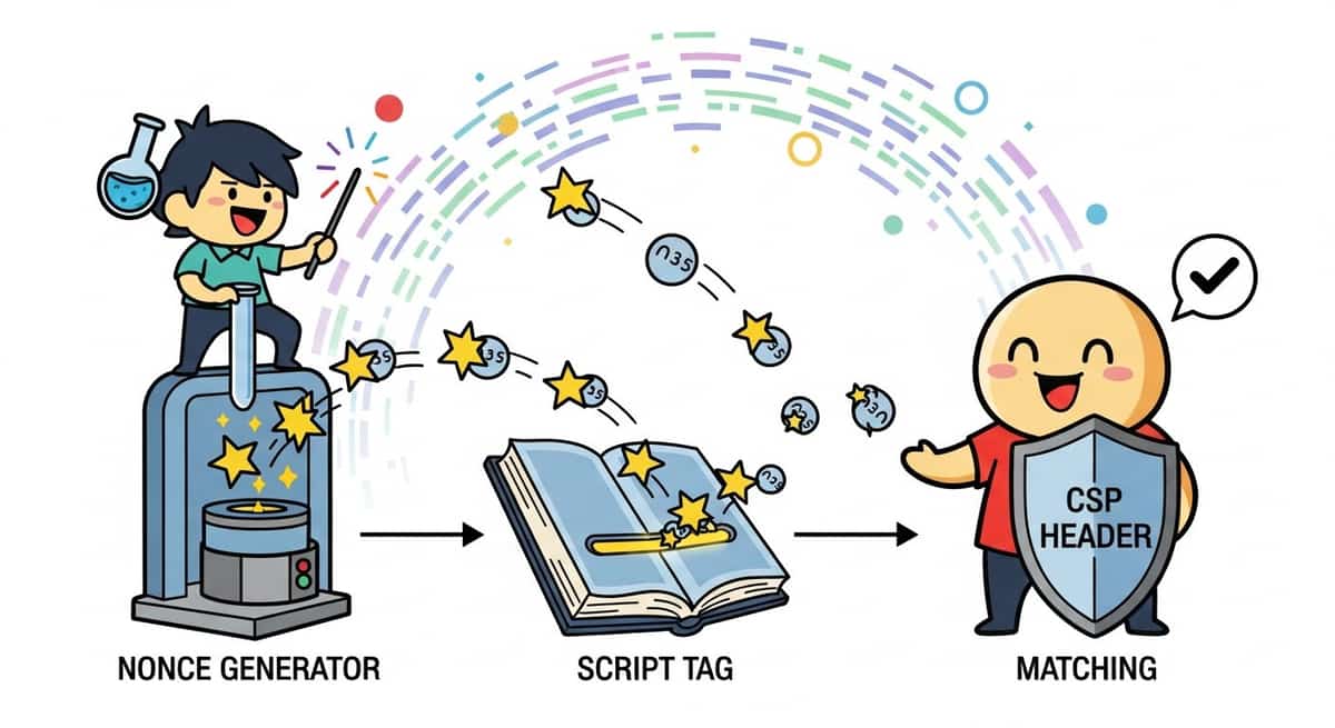 Diagram showing nonce generation, embedding in script tag, and CSP header matching