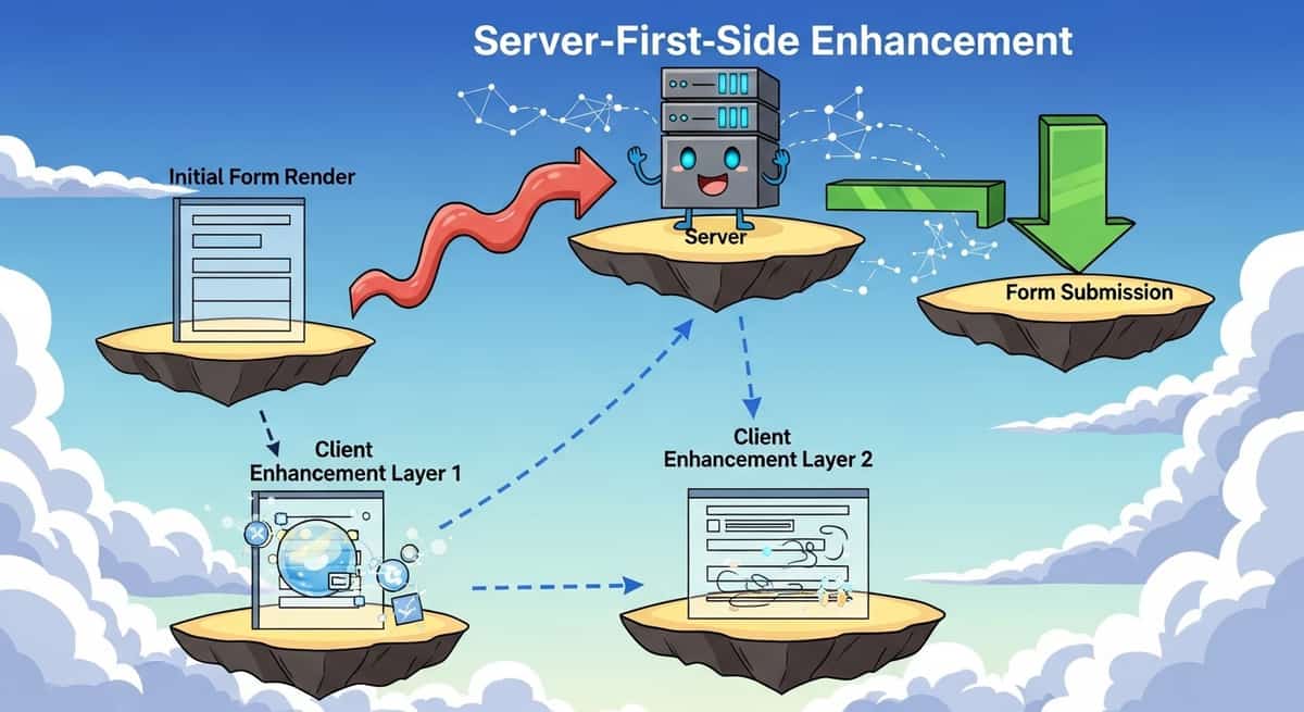 Flow diagram showing server-first form path with client enhancement layers