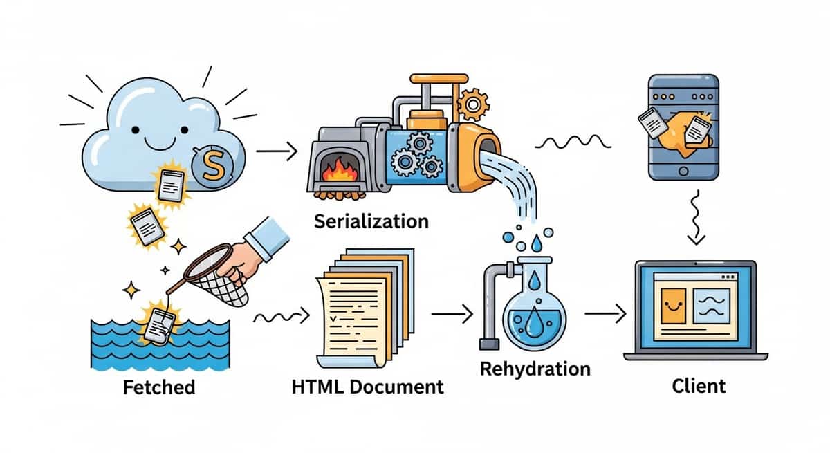 Flow diagram showing data fetched on server, serialized to HTML, then rehydrated on client