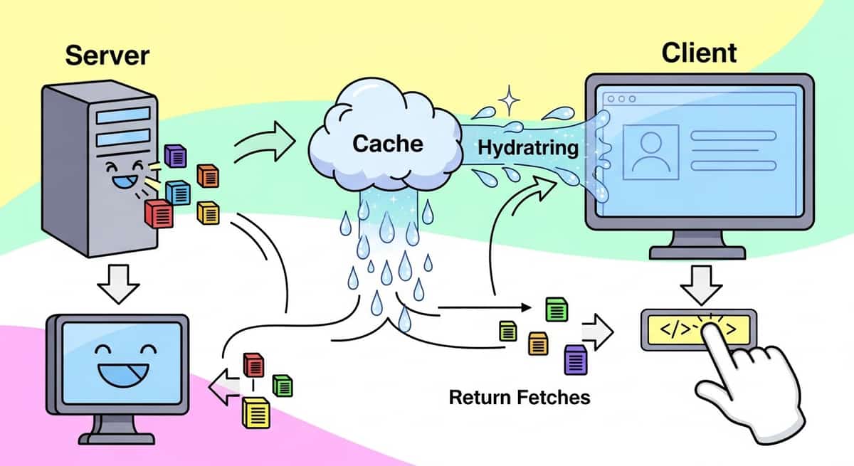 Diagram showing data flow: server fetches and caches, hydration restores from cache, client interactions trigger new fetches